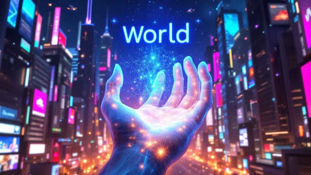 巨大な透明な人間の手が地面から現れ、輝くブロックチェーンネットワークを包み込む未来的な都市風景
