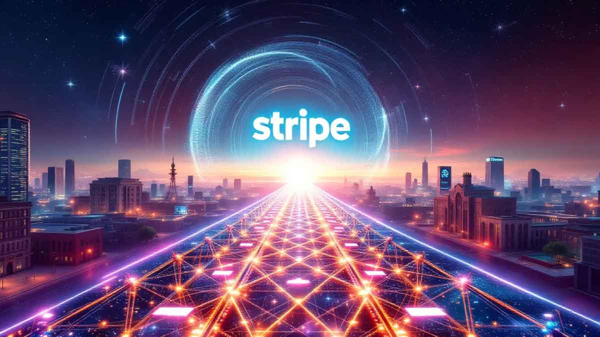 Stripeのロゴが目立つ未来的なデジタル風景。ステーブルコインで作られた橋が2つの金融世界をつなぎ、StripeによるBridge買収を象徴している。