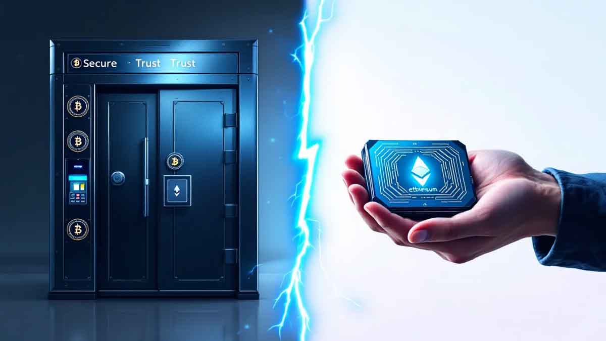 ビットコインの管理方法を巡る対立を表現した画像:片側に金融機関の金庫、もう片側に個人の仮想通貨ウォレット、中央にイーサリアムブルーの稲妻で分断されている