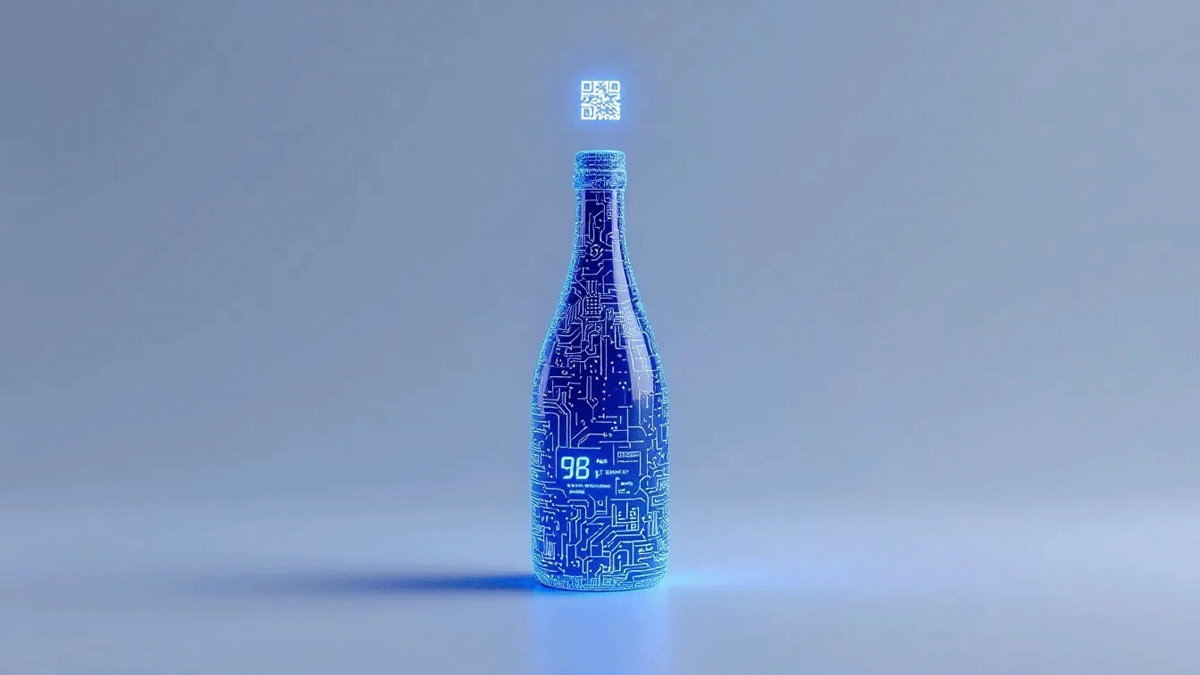 伝統的な日本酒ボトルにデジタルな回路パターンが施され、QRコードと温度センサーがブロックチェーンデータを表示している様子を表現した3Dイラスト