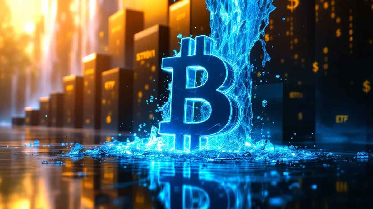 青い光の滝がガラス製のビットコインロゴを通り抜け、複数のETF資金プールに流れ込む様子を表現した未来的なアート画像