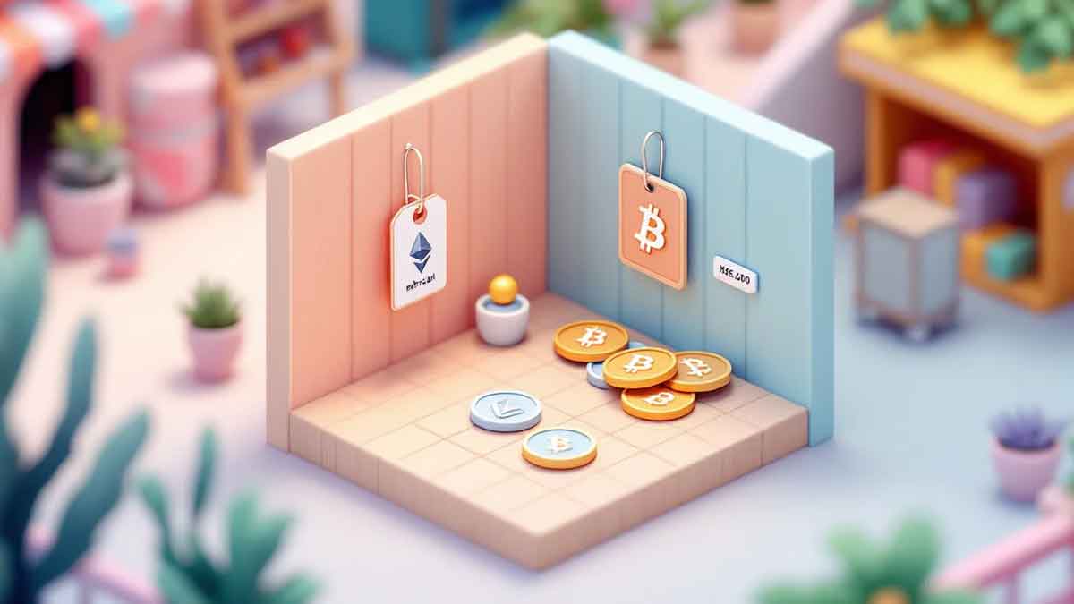 メルカリのフリマストアでビットコインとイーサリアムのコインが陳列され、メルカリ風の値札が付いているミニマルな3Dイラスト