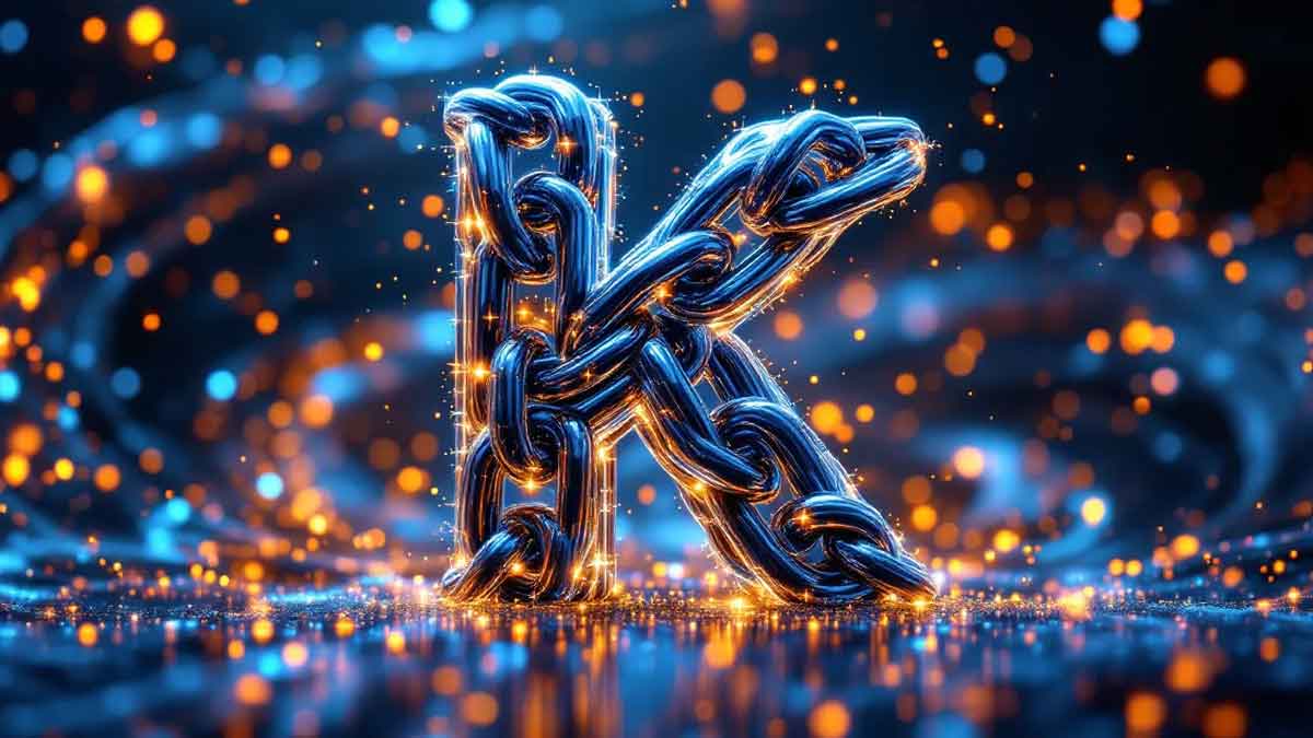 金と青の鎖が織りなすKの文字が、金融データのパーティクルが流れる未来的な空間に浮かぶ3Dアート