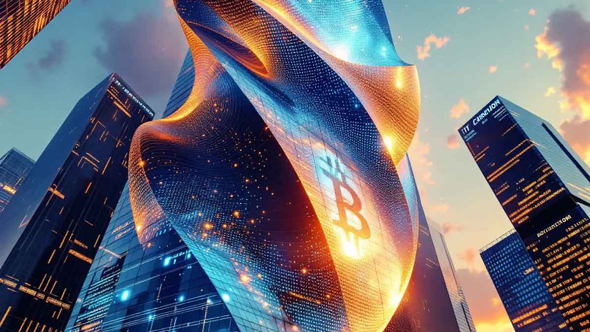 未来的なビットコインタワーの3Dイラスト。企業のオフィスビルがビットコインのシンボルに変容し、青く光るAIニューラルネットワークのパターンと二進数のデータストリームが建物と融合している