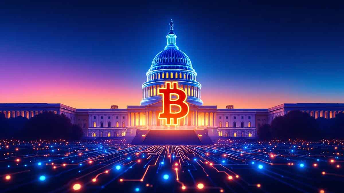 米国議会議事堂のシルエットの下部がブロックチェーンのネットワークに変化していく様子を表現した未来的なイラスト