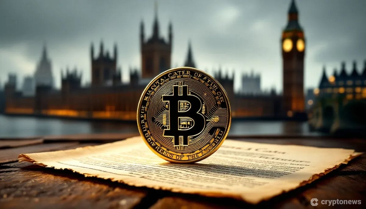 英国議会を背景に、法律文書の上に置かれた光沢のあるビットコインを捉えた写真。規制と暗号資産の共存を象徴的に表現。