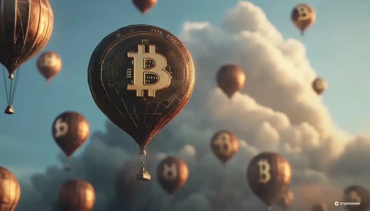 ビットコインのロゴをデザインした複数の熱気球が青空に浮かぶ3DCGアート