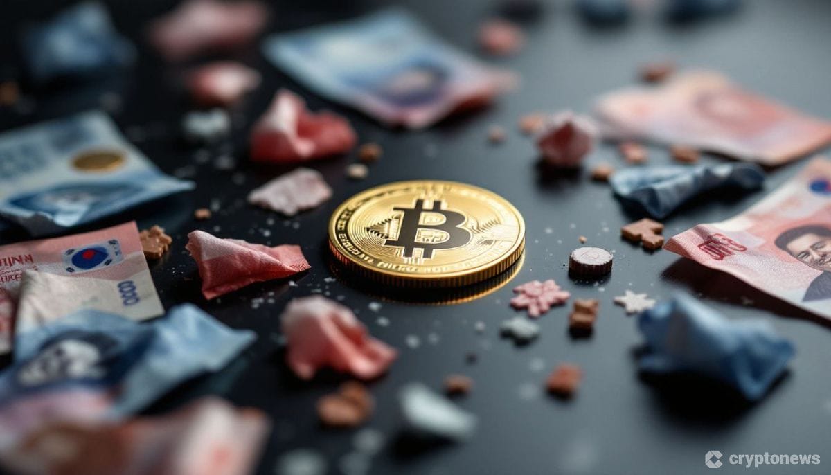 韓国ウォン紙幣が散りばめられた中央にビットコインコインが置かれたミニマルな構図。税制の議論を象徴する金融イメージ