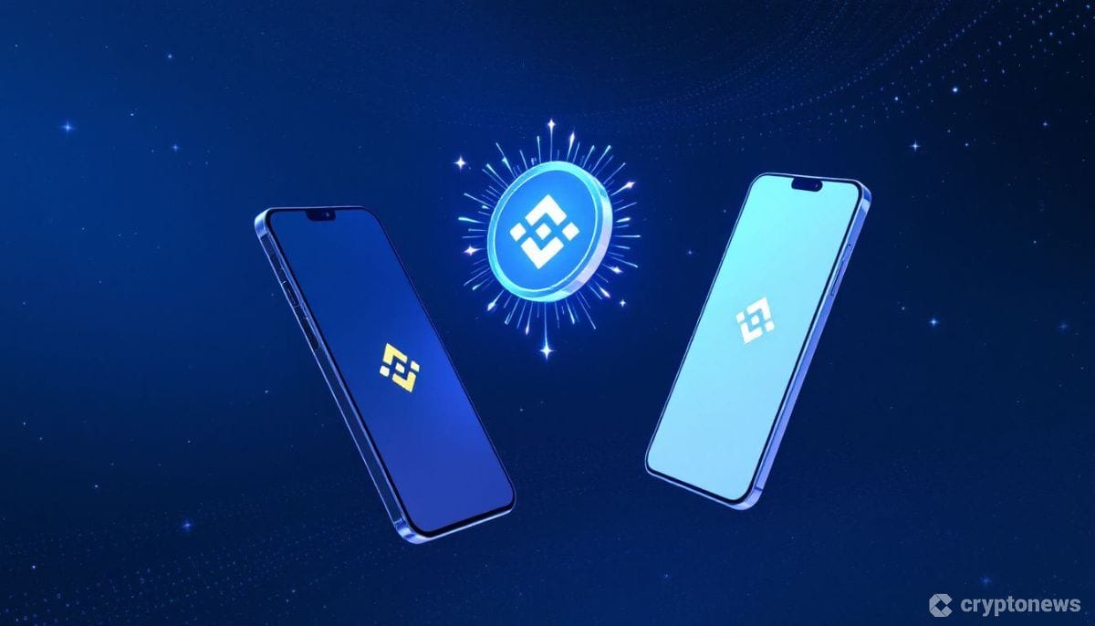 2台のスマートフォン間で青く光る暗号資産のシンボルが浮かび、デジタル送金の即時性を表現した未来的なイラスト