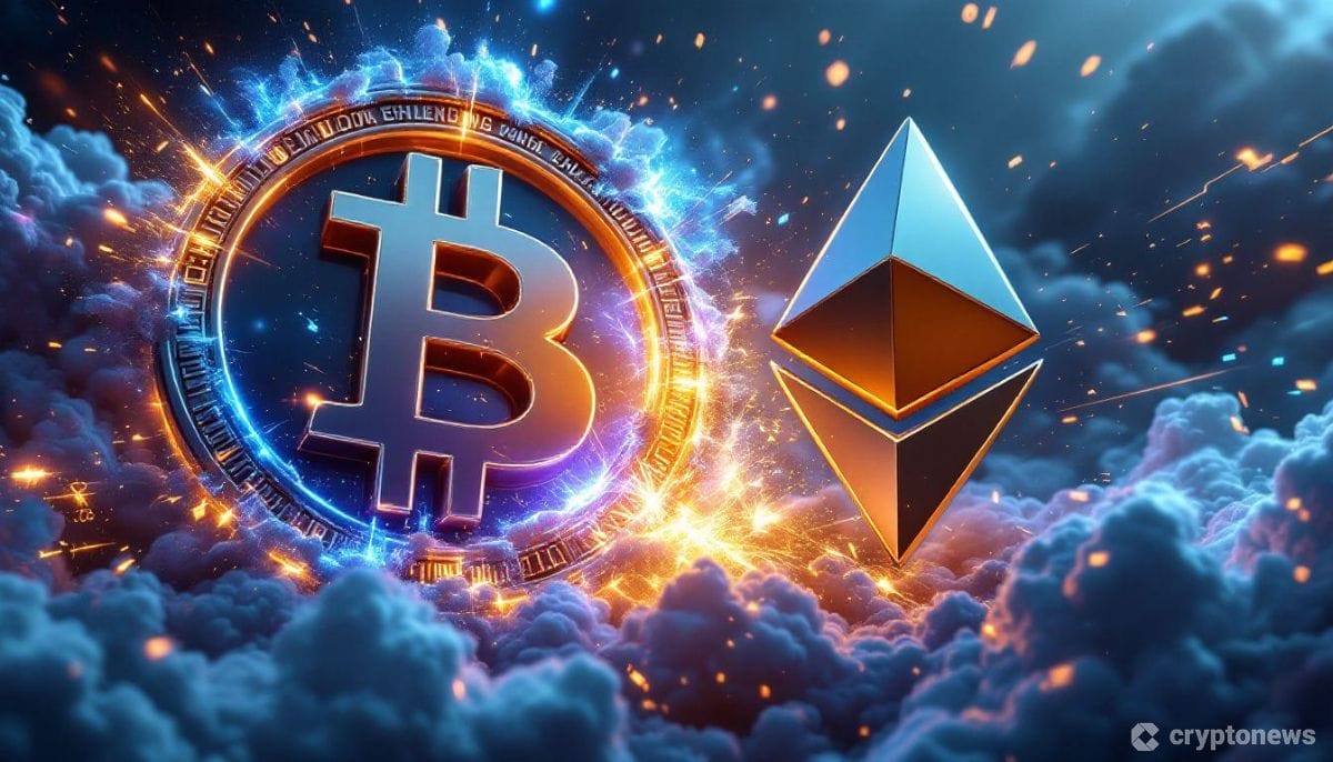 ビットコインとイーサリアムのロゴが劇的に衝突し、金色の光と青いデジタル空間に力強いエネルギー波を放つダイナミックな3Dイメージ