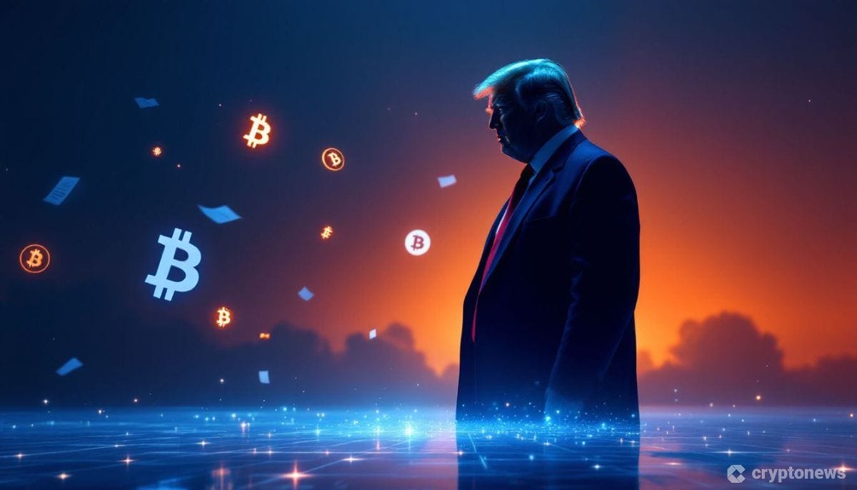 トランプ氏のシルエットを中心に、仮想通貨のシンボルとCFTC規制文書が浮かび、影がブロックチェーンパターンに変化する様子を描いた概念的なイメージ