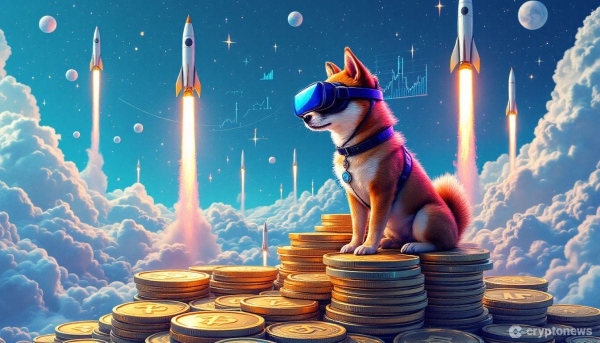 仮想通貨チャートを見つめるVRゴーグル装着の猫が、ミームコインの山に座り、背景にロケットが飛び立つシュールなデジタルアート