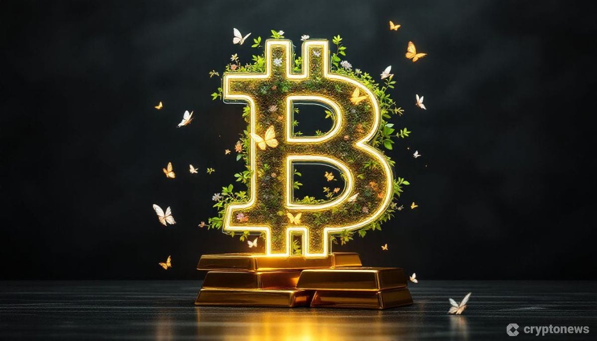 成長する植物とチョウが舞う、ガラス製ビットコインロゴと金塊を組み合わせた未来志向のビジネスイメージ