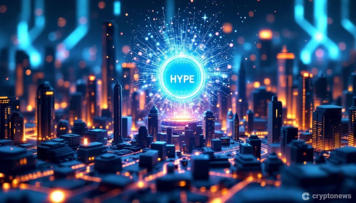都市の電子回路の上を漂う青く輝くHYPEトークンから、データ粒子が空へと舞い上がる未来的なエアドロップの瞬間