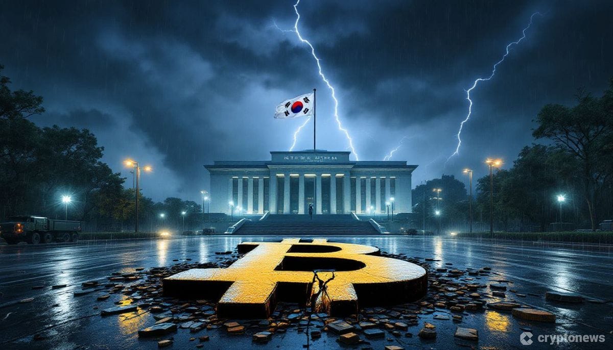 嵐の夜、半旗で揺れる太極旗を掲げた韓国国会議事堂。雨に濡れた階段に横たわる巨大な砕けたビットコインのシンボルと、車寄せに並ぶ軍用車両。稲妻が照らし出す中、ビットコインの破片に太極文様の影が投影される象徴的な瞬間