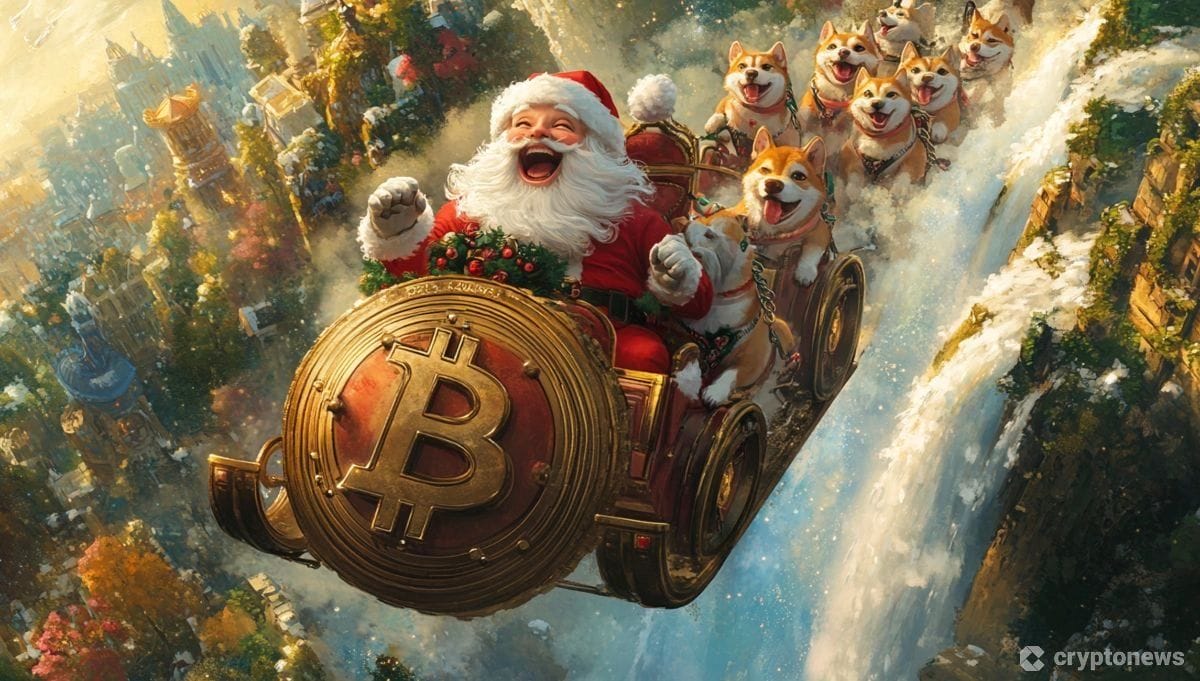 ビットコインの盾をソリに装備し、たくさんの芝犬を引き連れ空を駆け巡るサンタクロース