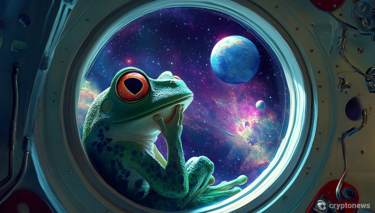 宇宙船から外を眺めるカエル