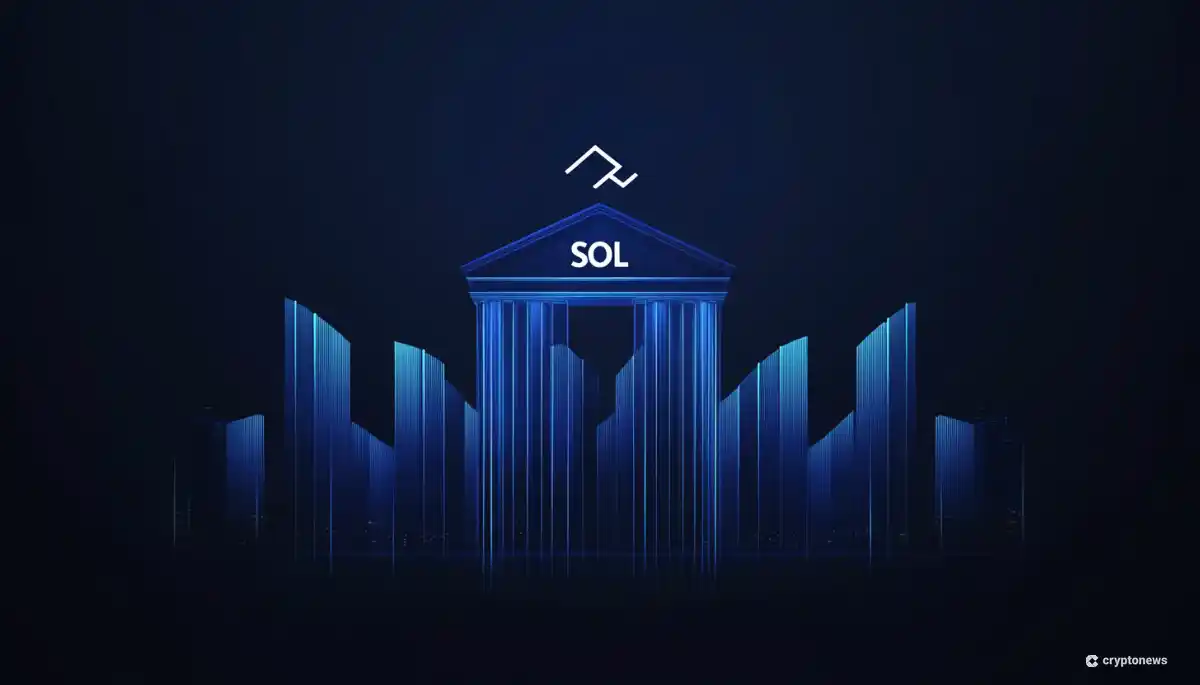 暗い青色の背景に浮かび上がるSOLANAの神殿のようなデジタルアート。