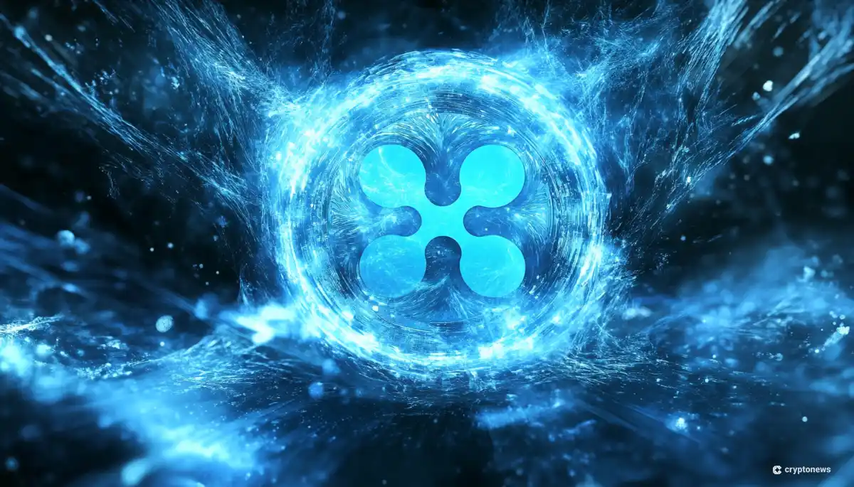 リップル（XRP）のロゴが青い光のエネルギーに包まれた3Dアート画像。