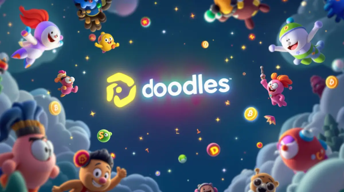 DoodlesのNFTキャラクターとSolanaロゴ、$DOODトークンのビジュアル表現