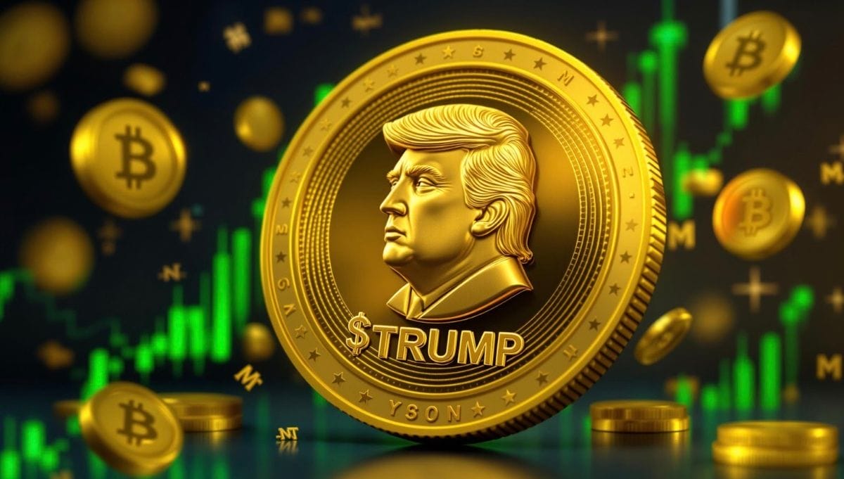 トランプコインの価格上昇を表現する仮想通貨チャートとコイン