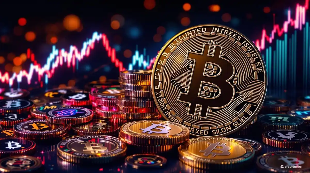 ビットコインのロゴと上昇する市場シェアのグラフ