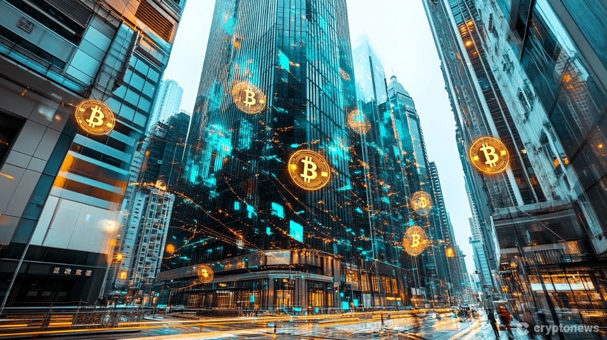 香港の金融街とデジタル通貨のシンボルを組み合わせた未来的なイメージ