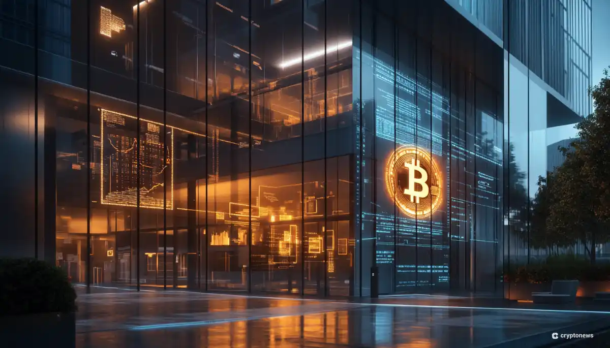 ビットコインのロゴと金融チャートが映し出されたオフィスビル