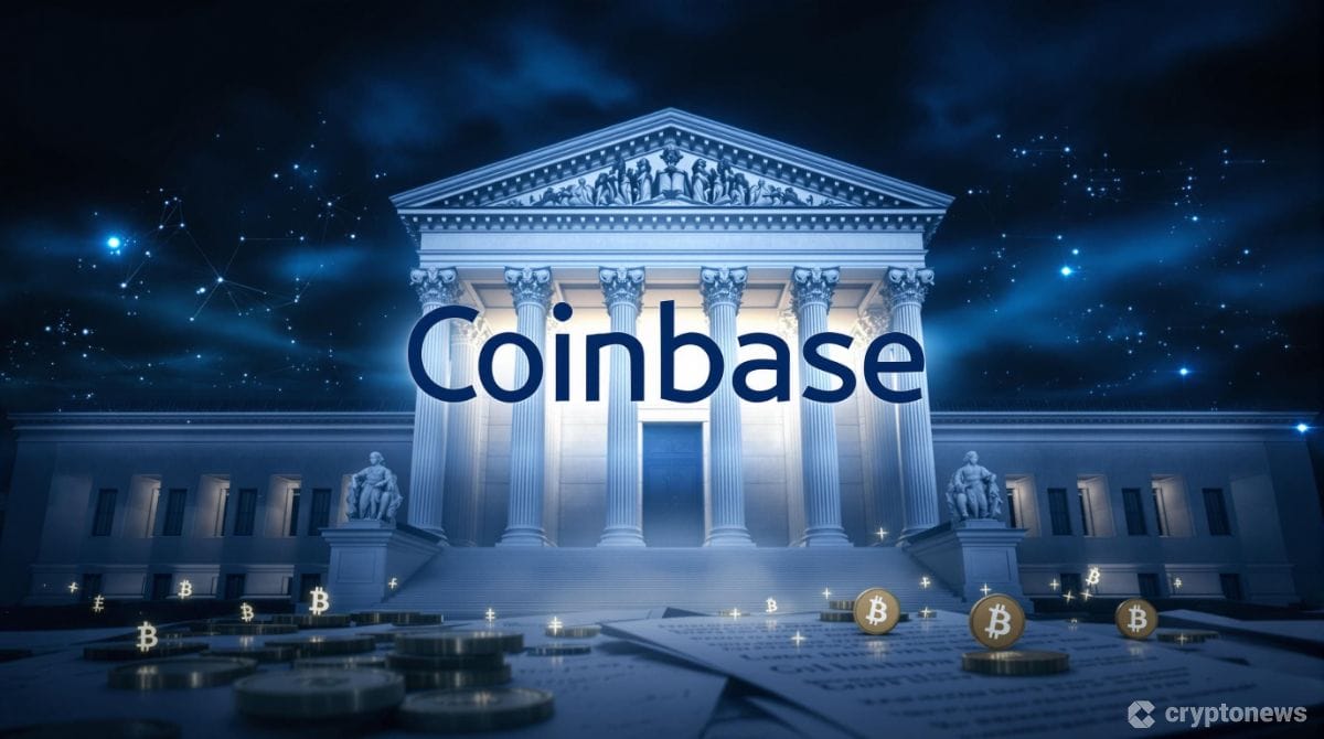 コインベースの訴訟問題を象徴する裁判所の建物と仮想通貨のシンボル