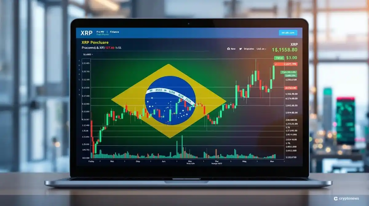 ブラジルの金融街を背景にしたXRP価格チャートと取引画面