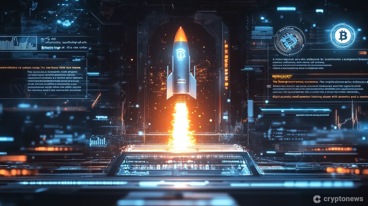 ビットコインのロゴが輝く未来的なランチパッドからロケットが発射され、新しいミームトークンの台頭を象徴するサイバーパンク風のデジタルシーン