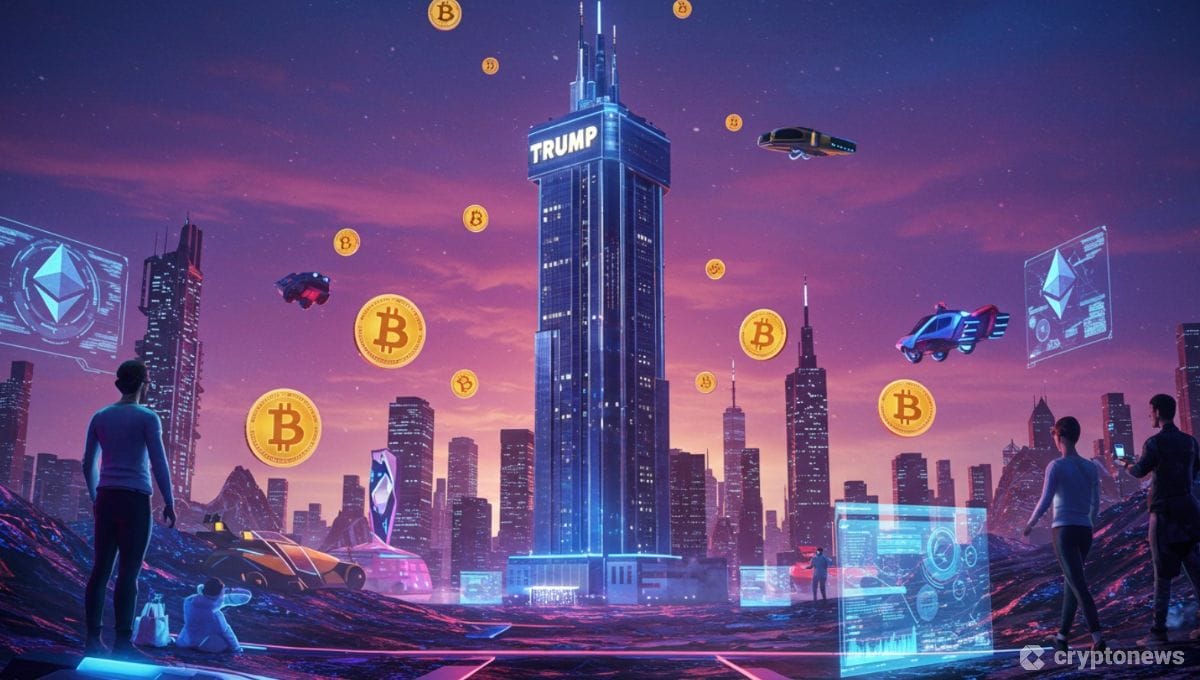 Virtual Trump Tower in futuristic metaverse landscape with digital avatars and cryptocurrency symbols トランプメタバースのコンセプト画像と仮想空間でのNFT取引イメージ