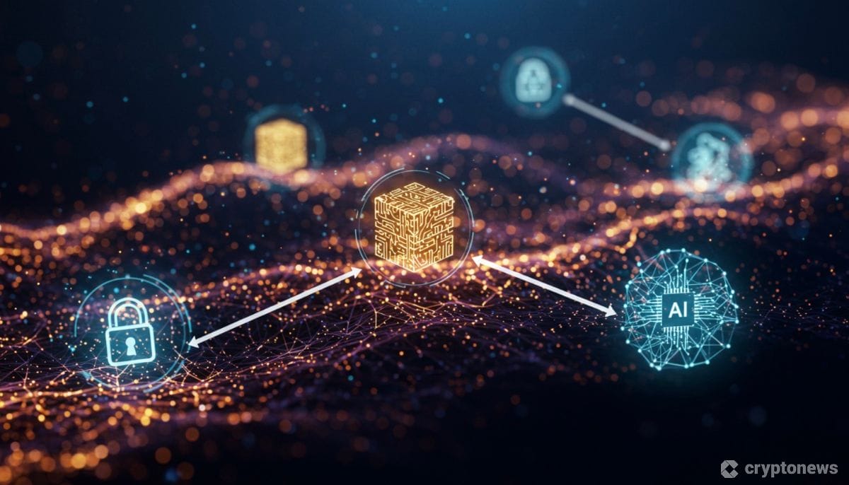 ブロックチェーンとAI技術を組み合わせた未来的なネットワークの概念図