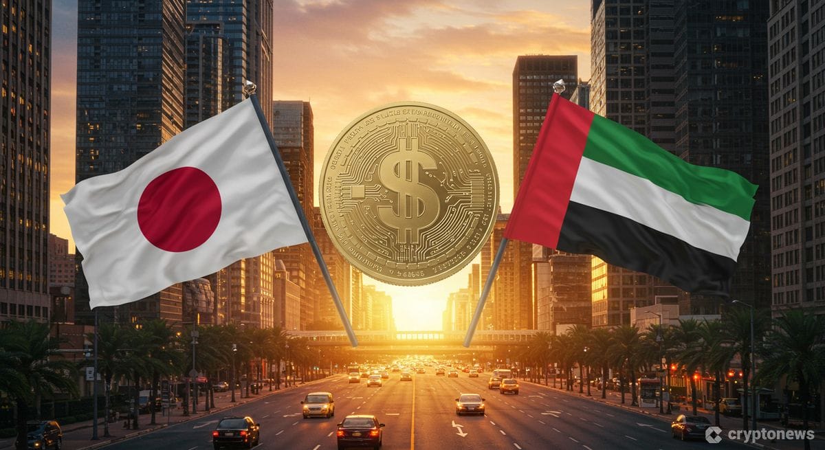 USDCコインと日本・UAE国旗を背景にしたグローバル金融イメージ