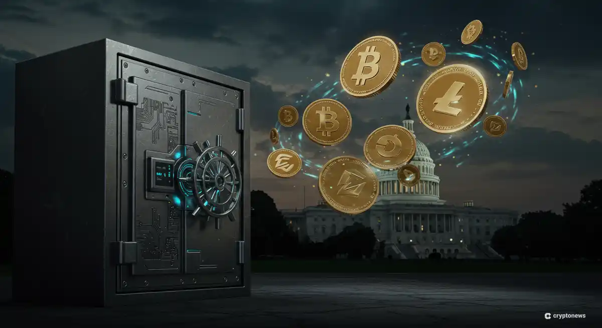 米国政府建物の上に浮かぶ仮想通貨のロゴと金庫のイメージ