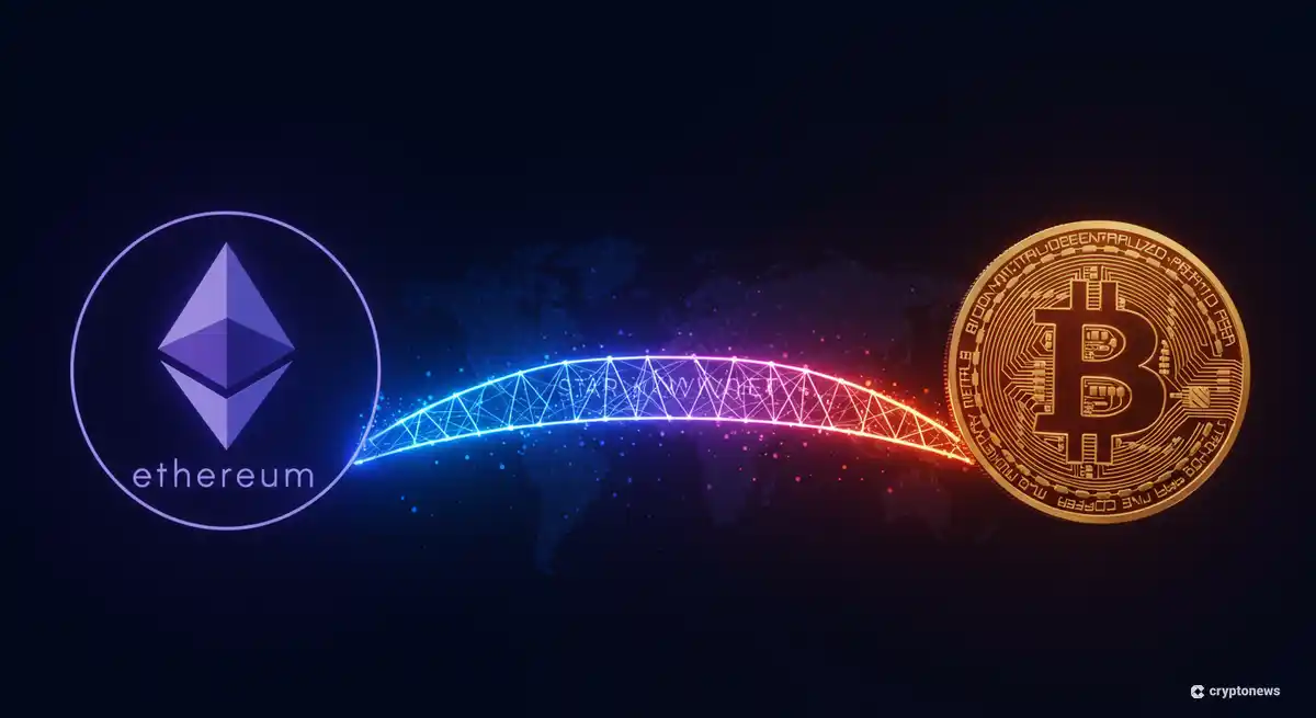 ビットコインとイーサリアムをつなぐStarkWareの技術を表現したデジタルイメージ