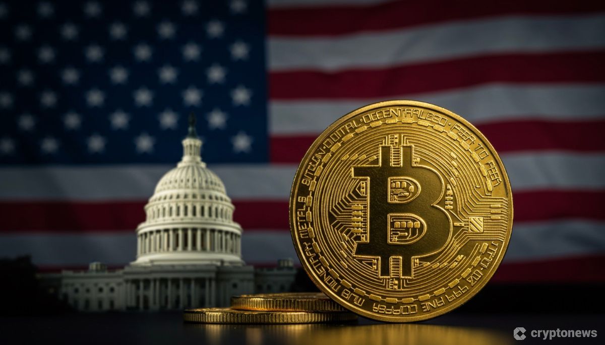 米国旗を背景にしたビットコインと米国議会議事堂のシルエット