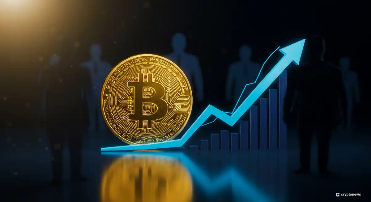 上昇するチャートの上に置かれたビットコインと機関投資家のシルエット
