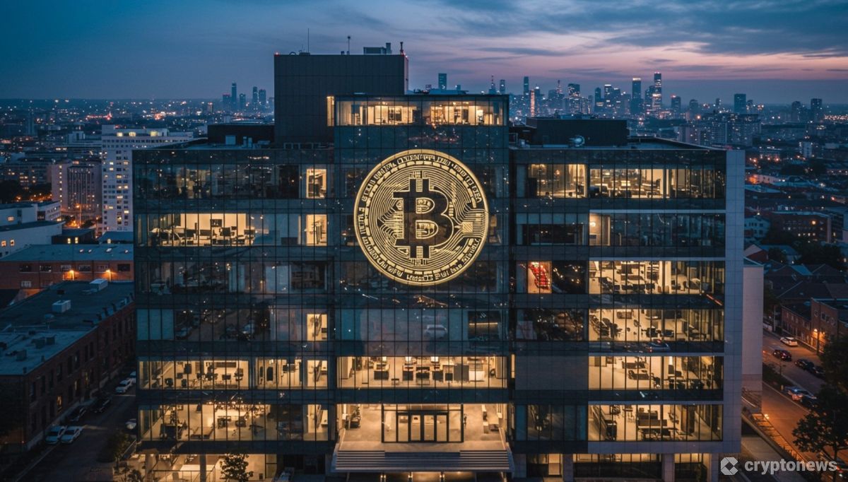 企業のオフィスビルとビットコインのロゴを表した金融戦略イメージ