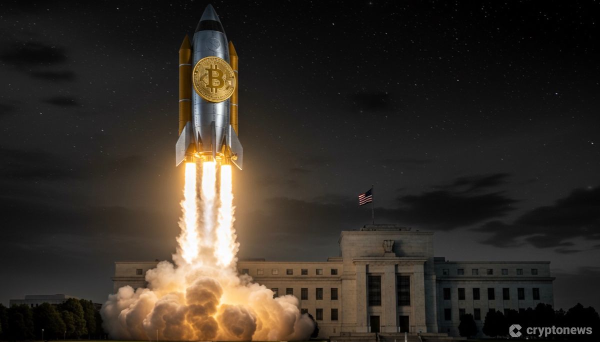 急上昇するビットコインと米連邦準備制度理事会の建物