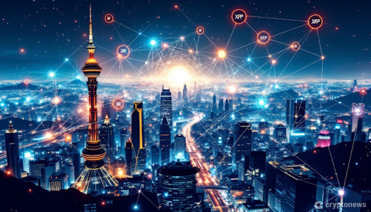 アジアの都市を背景に広がるXRPネットワークを示す抽象的なデジタルアート
