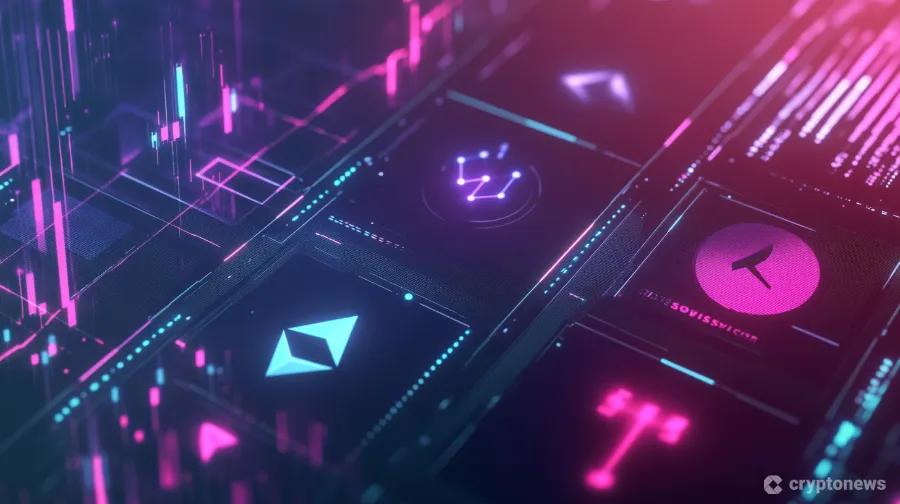 新しい仮想通貨Solaxy(SOLX)、XRP、SUIのチャート分析を示す未来的なイラスト
