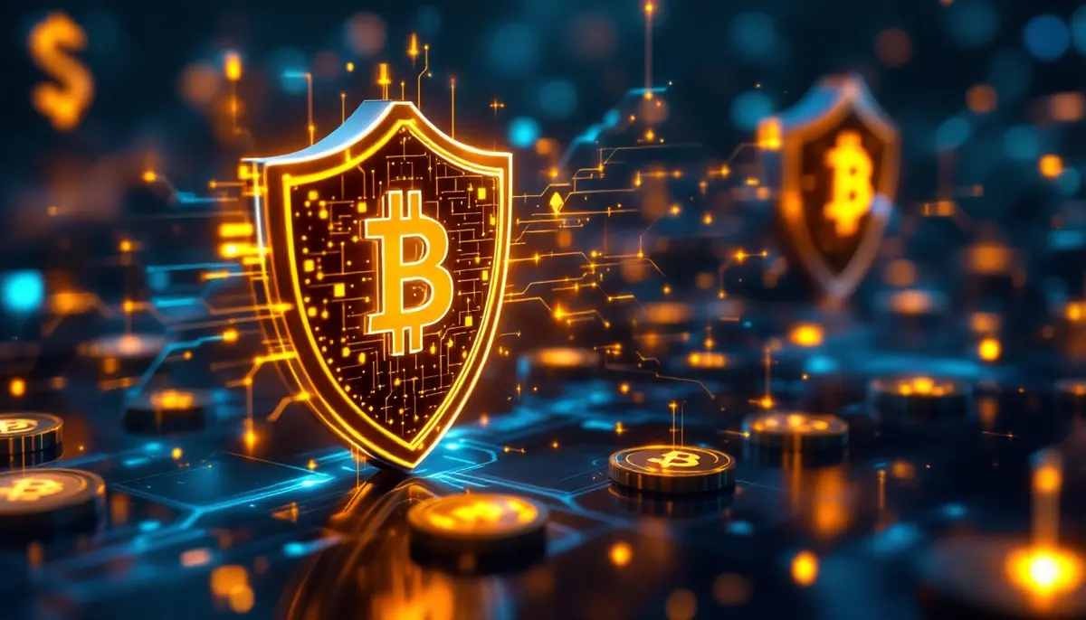 安全な仮想通貨ウォレットが輝くコインをサイバー攻撃から守るイメージ