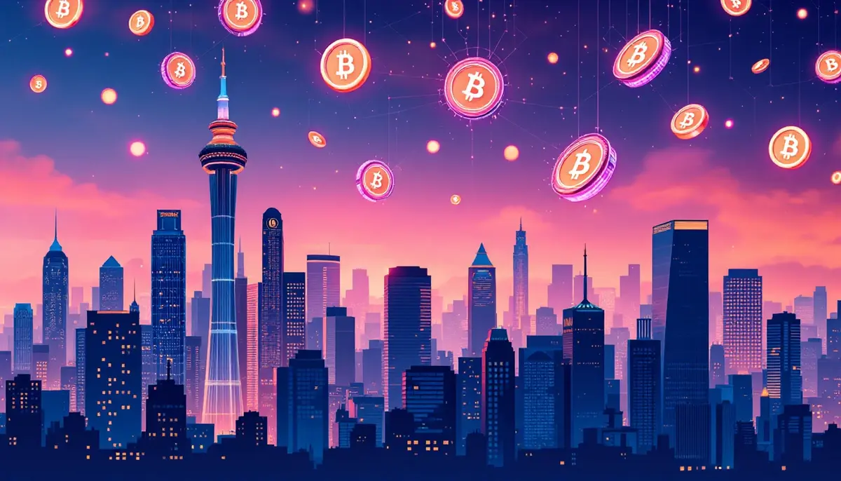 都市の上空に仮想通貨を象徴するコインが浮かぶイメージ