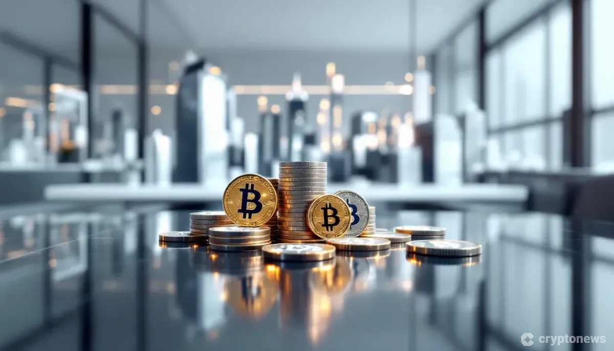 仮想通貨と規制を象徴するデジタルコインと天秤が置かれた現代的なオフィス
