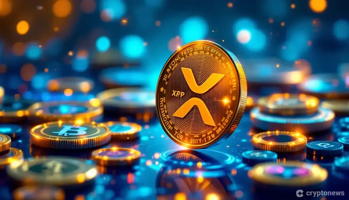 XRPコインと他のデジタルトークンが青く輝く空間に浮かんでいるイメージ