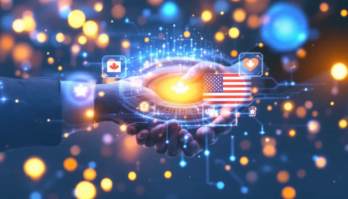 カナダとアメリカのシンボルが融合する近未来的な仮想通貨取引プラットフォーム