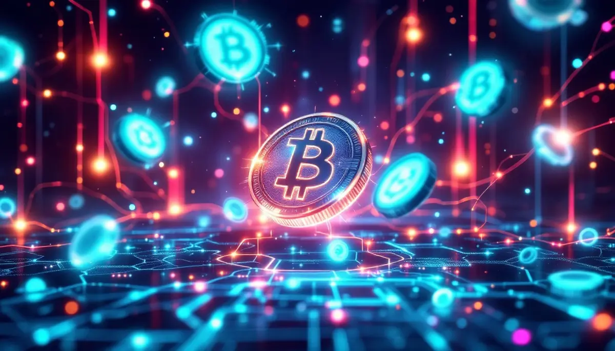 仮想通貨PIの謎の増加を示す未来的なコインとブロックチェーンのイメージ