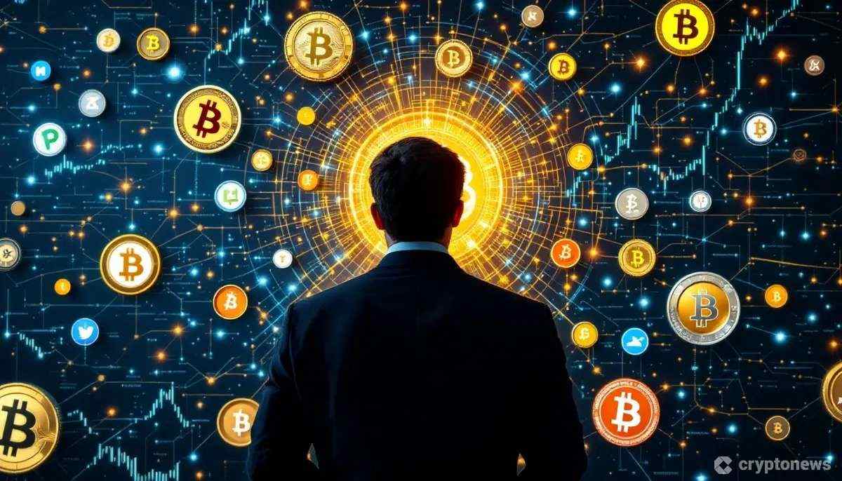 様々な仮想通貨を背景に立つアナリストが多様な投資戦略を考えるイメージ