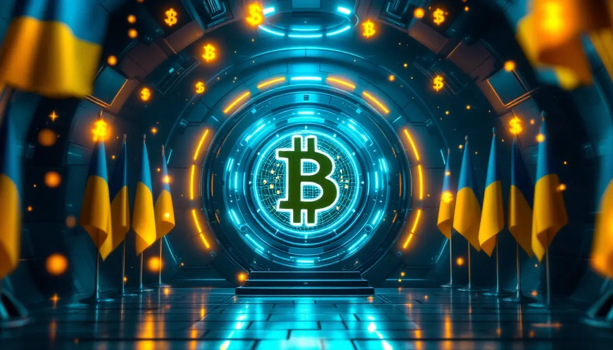 ウクライナ国旗とビットコインのシンボルが輝く未来的な政府金庫